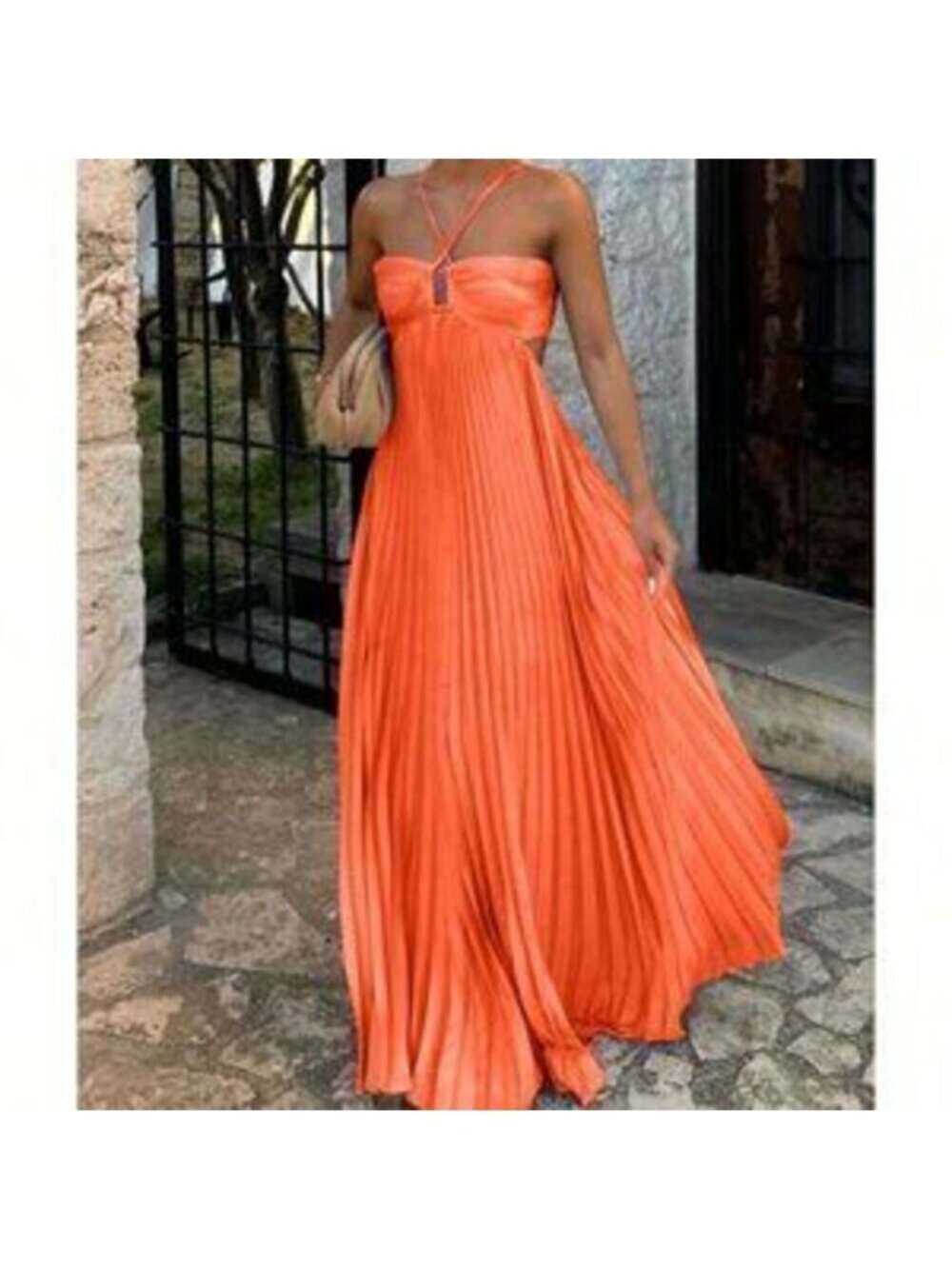 Orange Elegant Women's Spaghetti Strap Flowy Pleated Backless Maxi Sundress